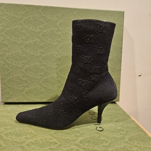 $1,200 GUCCI Demi 75mm logo-jacquard metallic knit ankle boots size 39 US 9 NIB - Picture 2 of 10